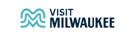 Visit Milwaukee in navy to the right of a stylized 